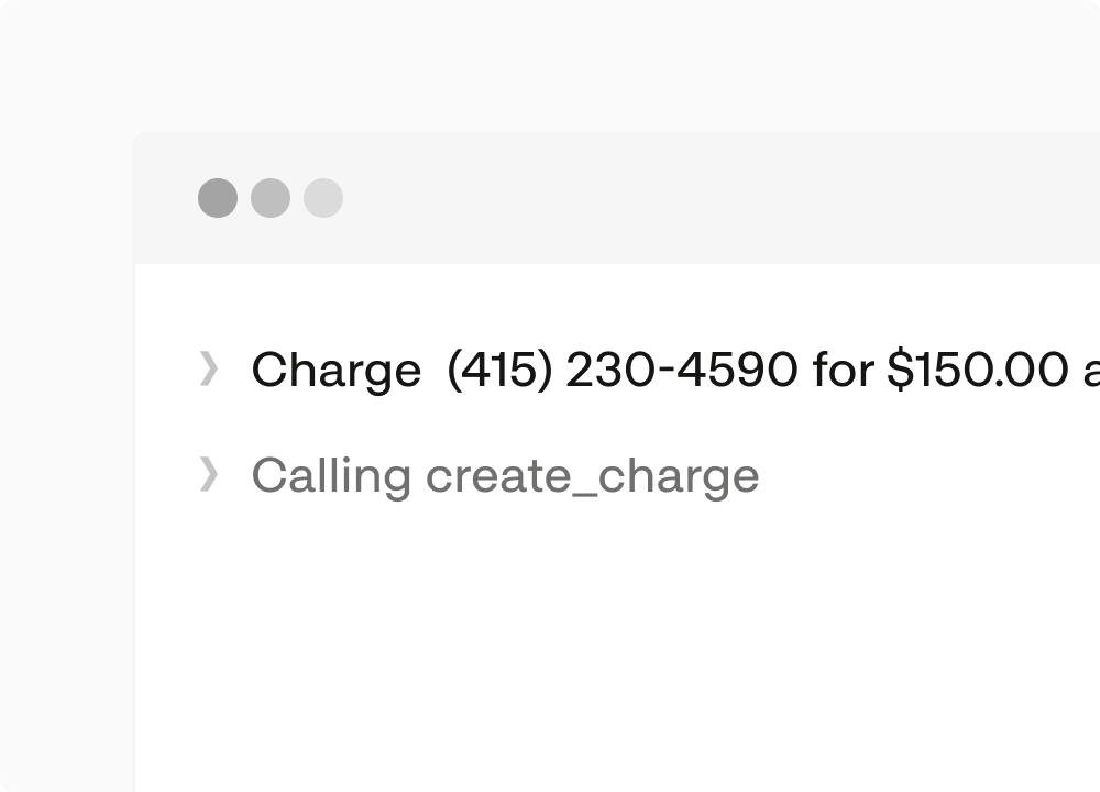 Terminal command charging a phone number $150.00 by calling create_charge