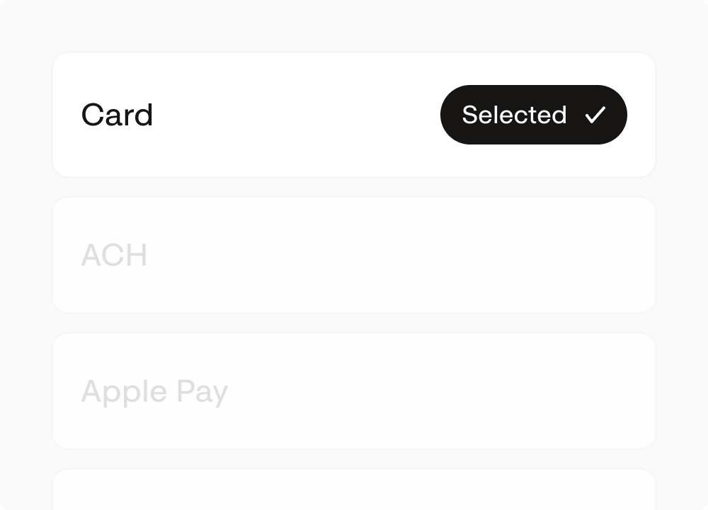 Payment method selector with Card selected alongside ACH, Apple Pay, and more
