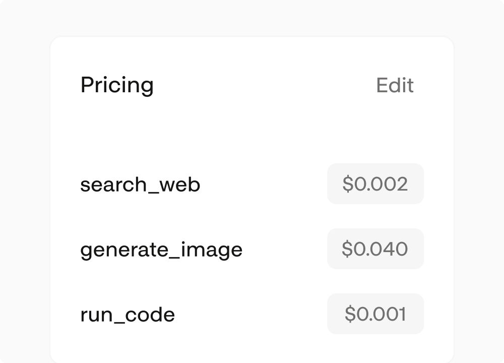Pricing config assigning per-tool prices for search_web, generate_image, and run_code