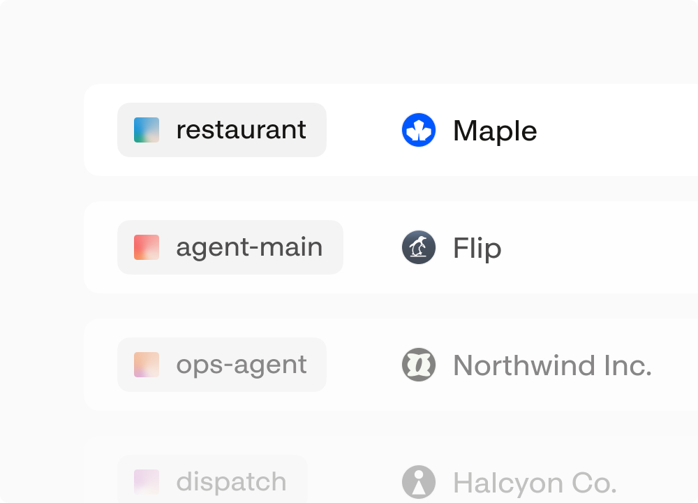 List of connected agents each powering a transaction workflow