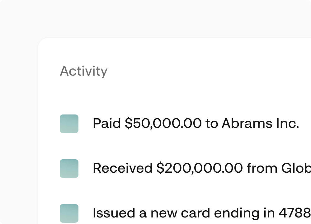 Agent activity feed showing payments, deposits, and an issued card