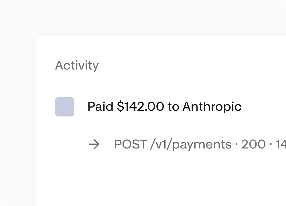 Request log showing a $142 payment with its POST /v1/payments call