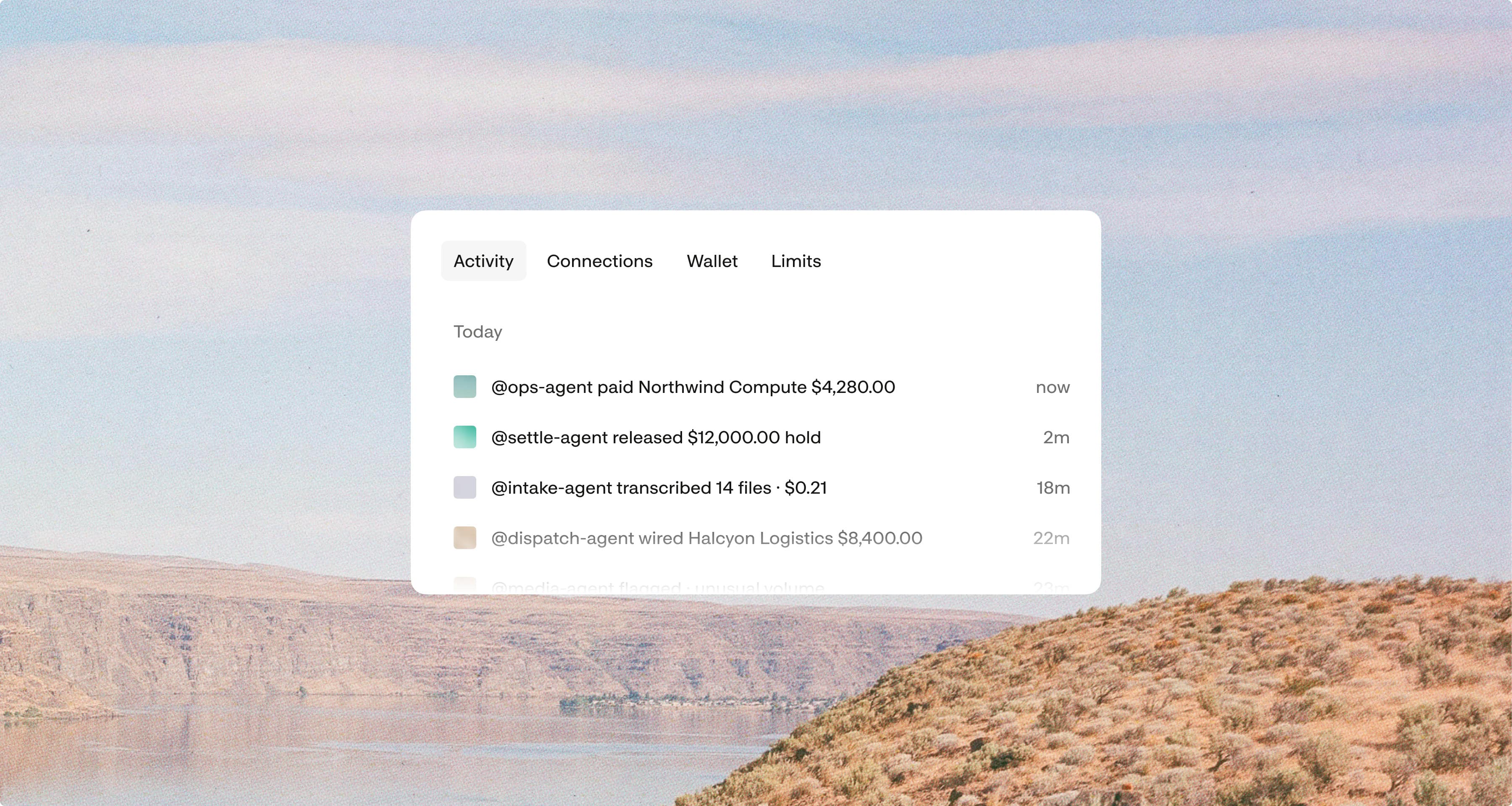 Activity feed tracing every payment and action agents take