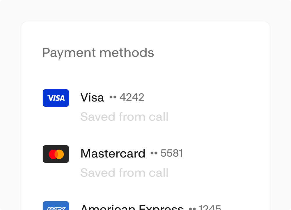 Saved payment methods tokenized from a call: Visa, Mastercard, and Amex